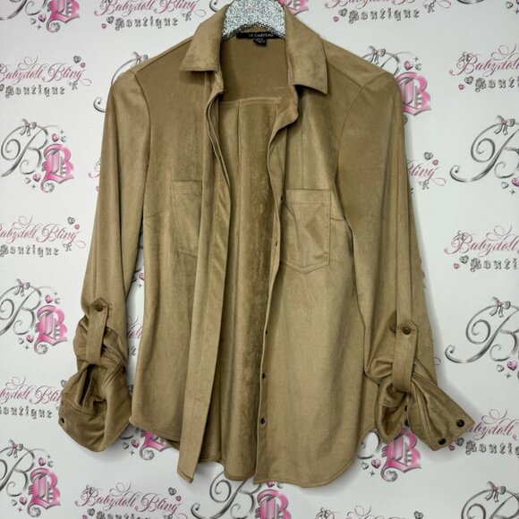 Le chateau button down blouse suede style feel fabric taupe grey brown gray - Picture 2 of 16